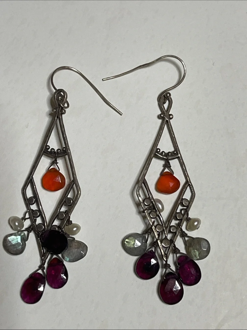 Sundance Silver-Tone Multi Gem Teardrop Dangle Earrings - Orange & Purple